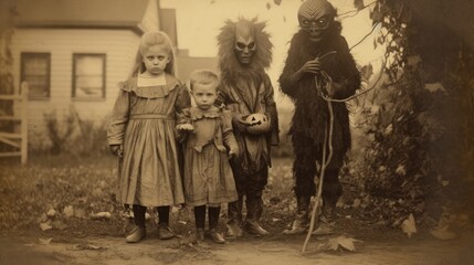 Fototapeta na wymiar children kids halloween scary vintage photography masks 19th century horror costumes party