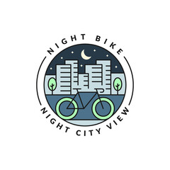 cycling at night in the city badge vector illustration. city and bicycle monoline or line art style. design can be for t-shirts, sticker, printing needs