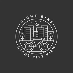 Fototapeta na wymiar cycling at night in the city badge vector illustration. city and bicycle monoline or line art style. design can be for t-shirts, sticker, printing needs