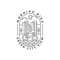 morning cycling in the city badge vector illustration. city and bicycle monoline or line art style. design can be for t-shirts, sticker, printing needs