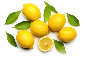 Lemons with green leaves on white background