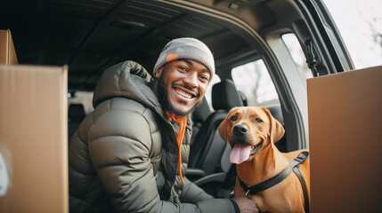 Labrador Dog Accompanies Owner to Work Delivering Home Deliveries, Parcel Service, Smiling Black Man