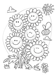 Vector cute black and white outlines happy cheeky daisy flowers portrait with bee and sun. Great coloring page for kids.