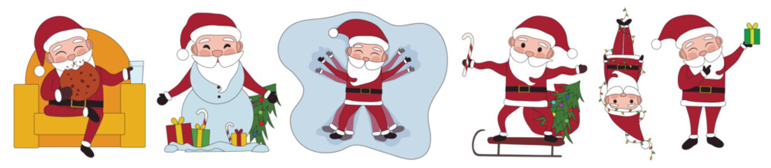 Set of funny Santa Claus on white background