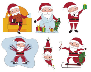Set of funny Santa Claus on white background