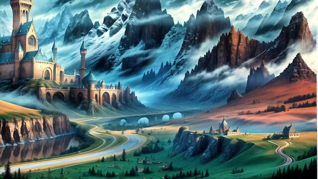 fantasy landscape, medieval castle,  mountains in the clouds
​