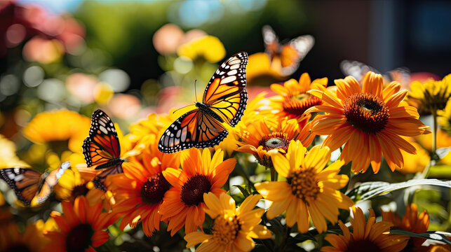 A butterfly sits on yellow orange flowers