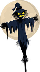 Halloween. A menacing scarecrow illuminated by the radiant glow of a full moon. 