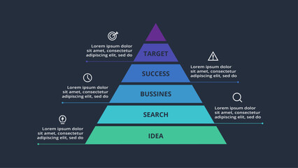 Triangle infographic with 5 elements, presentations, vector illustration. Template for web on a black background.