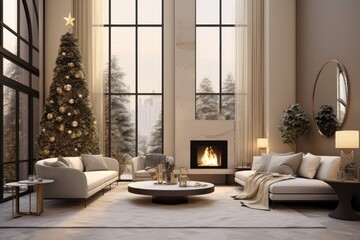 modern interior. light livingroom with a decorated chirstmastree.