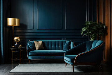 Blue sofa and armchair against black paneling wall. Art deco home interior design of modern living room