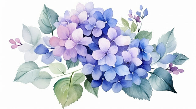 Beautiful bouquets with blue and purple hydrangea flowers watercolor paint on white background, branches and leaves. Generated AI