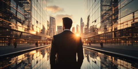businessman in a modern glass building in front of a skyline  during sunset.  - obrazy, fototapety, plakaty