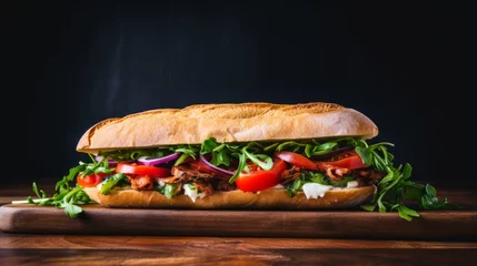 Fotobehang Submarine sandwiches Long subway sandwiches on a dark background. © CraftyImago