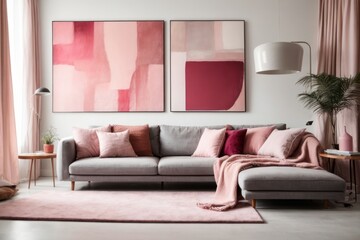 Grey sofa with pink pillows and blanket against white wall with abstract art poster. Interior design of modern living room 