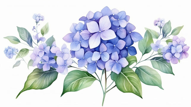Beautiful bouquets with blue and purple hydrangea flowers watercolor paint on white background, branches and leaves. Generated AI