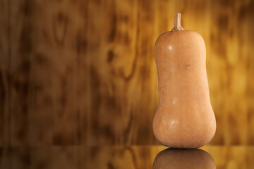 butternut squash pumpkin on a blurry wooden background with copy space and reflection