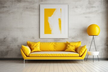Modern, mid-century room with yellow sofa and white frame. Generative AI