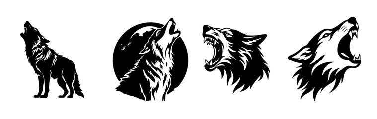 black and white illustration of wolf - obrazy, fototapety, plakaty