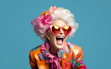 Happy senior woman in colorful outfit with funny sunglasses, laughing and smiling, trendy grandma posing in light blue studio