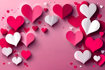 Valentines day background banner background with red and pink hearts, paper cut art
