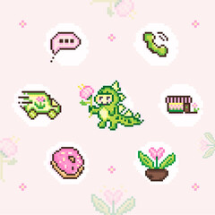 Set of pixel icons : dragon with a flower, flower shop,donut,telephone, message,flower in a pot, delivery van for a plant store,an application, game, website.