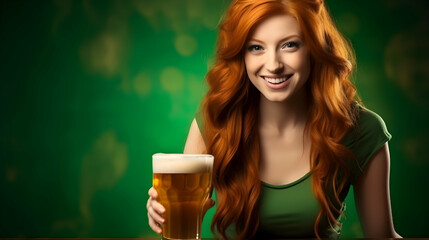 Happy Irish ginger girl celebrating St. Patrick's day drinking beer