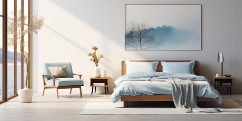 friendly, light bedroom interior. natural color palette. 
