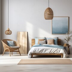 friendly, light bedroom interior. natural color palette. 