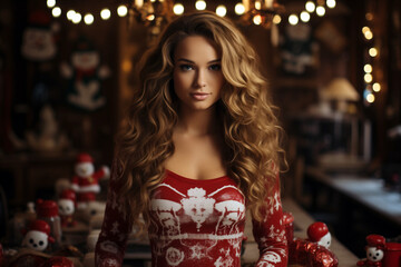 Beautiful woman with long blonde hair wearing a red cozy christmas pullover inside her decorated apartment. Christmas marketing campaign or wallpaper background.