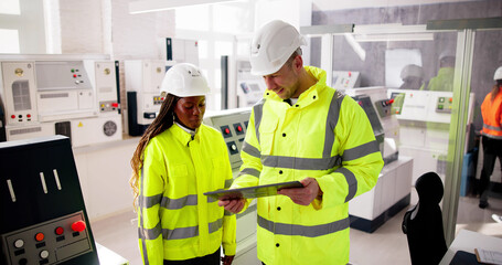 Factory Engineers In Helmets