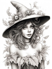 Portrait of a cute young witch.  Illustration, Created with generated ai technology.