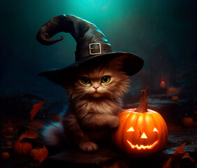 Little cat with its witch´s hat cellebrating halloween. illustarion. Created with generative ai technology.
