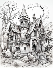 Sketch pencil art of a scary house in the forest. Illustration. Created with generative ai technology