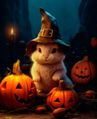 Little cat with its witch´s hat cellebrating halloween. illustarion. Created with generative ai technology. - 665734470