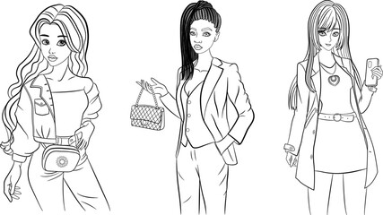Set of Beautiful Young Women for Coloring. Vector Illustration of Stylish Girls Fashion Models.