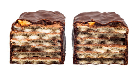 Chocolate bar broken into pieces on a white background. Waffles.Waffle bar with nuts