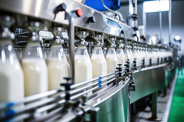 Conveyor for bottling milk into bottles at a modern dairy plant. Line for bottling and packaging of dairy products. Industrial equipment. Fresh milk.