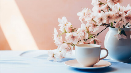 Obraz na płótnie Canvas Coffee cup and cherry blossom flower in vase on table