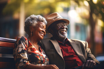 An elderly dark-skinned couple, a man and a woman, are hugging on a bench in the park. They enjoy communication. Date. Older African American lovers. Relationships in old age. Love and romance.