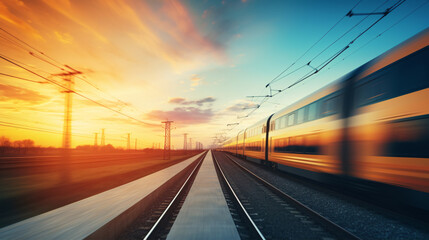 A vibrant and colorful evening sky sets the backdrop for a dynamic railway and train in motion..