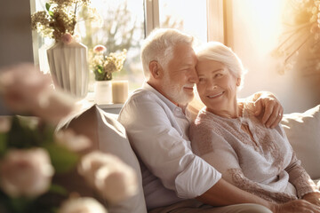 Fototapeta premium Elderly couple, husband and wife relaxing on the sofa, laughing cheerfully, joking together, happy couple hugging at home, smiling, enjoying family vacation, senior love concept. Romance. Love.