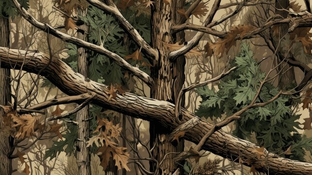 Detailed illustration of a green and brown camo pattern with irregular shapes resembling foliage, tree bark, and nature. Perfect for military, outdoor, or woodland designs. Seamless and organic
