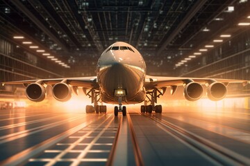 Airplane in the airport at night. 3d rendering and illustration.