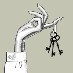 Woman's hand holding a bunch of antique keys on her index finger. Vintage black and white engraving stylized drawing. Vector illustration