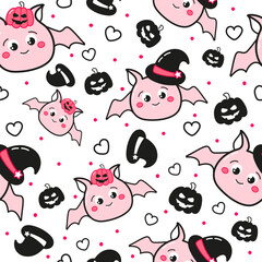 Obraz premium Cute halloween seamless pattern for kids with kawaii bat characters with pumpkins and witch hats on white background