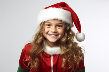 Cheerful blonde kindergarten and elementary school girl is dressed red green Santa Claus sweater with a matching red Santa hat, smiles radiantly against white backdrop. Generative AI.