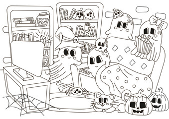 Halloween cozy indoor interior of room with ghost characters watching horror movies, spooky family