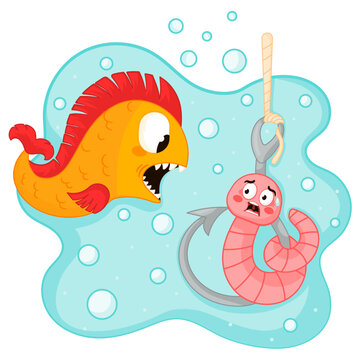 Cute cartoon scared earthworm character sitting on a fishing hook  under the water and fish trying to eat worm,
