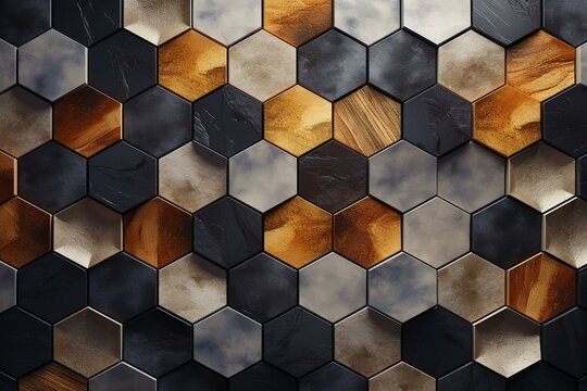 3D wall with natural stone tiles in hexagonal shapes. Textured and polished blocks. Rendered image. Generative AI © Christopher